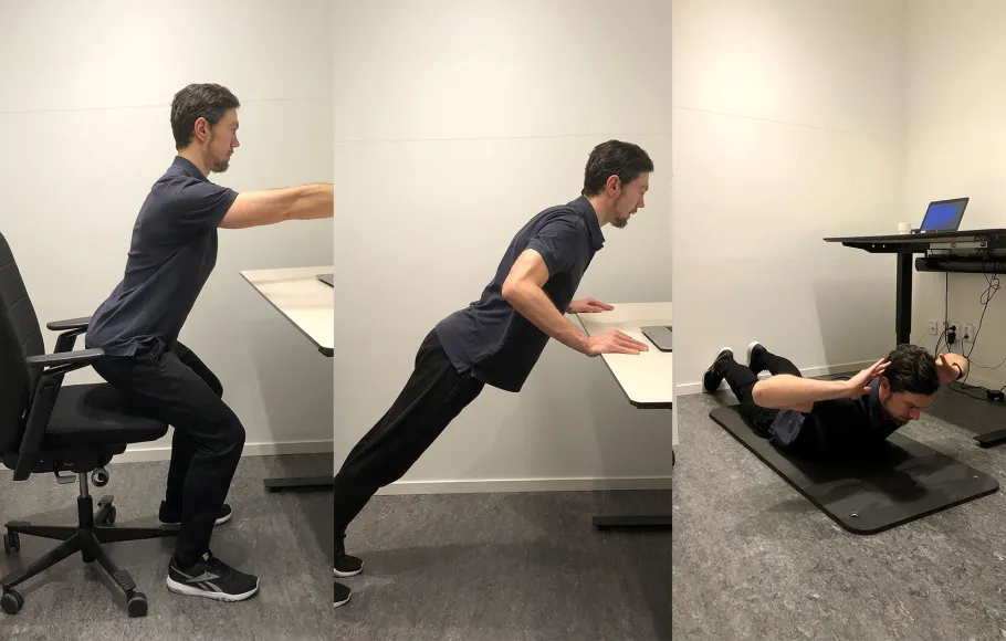 En man visar övningar vid skrivbord