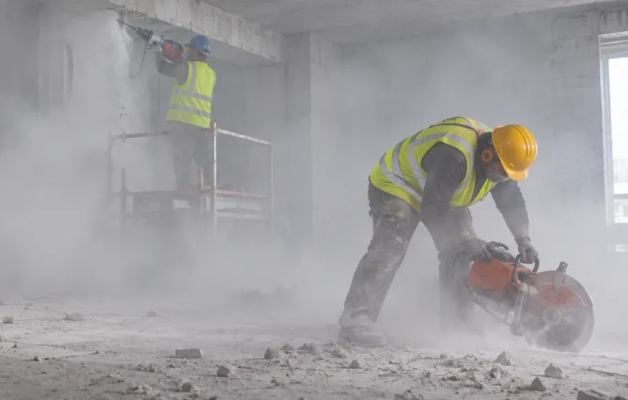 Arbetare i dammig betongmiljö