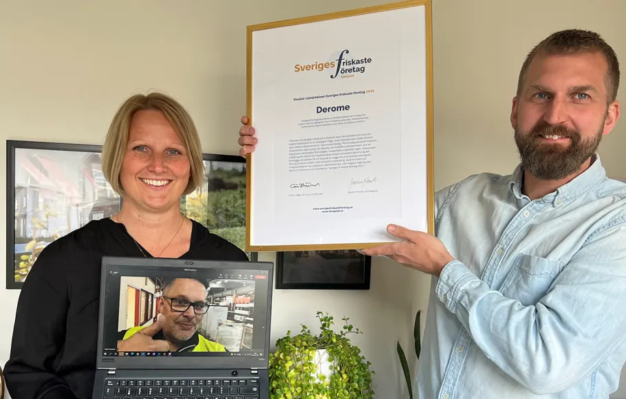 Therese Åkesson, HR-chef, Mikael Frejdeman, arbetsmiljöspecialist (på skärmen) och Alexander Åhlund, HR-specialist med inriktning Arbetsmiljö & Hälsa