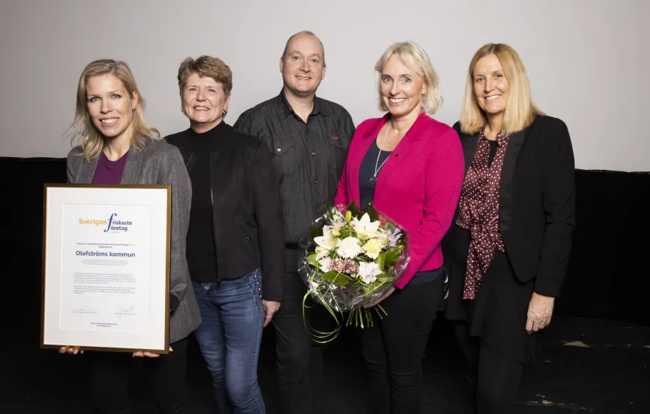 Johanna Spånér HR-Chef, Pirjo Veteli Ordförande kommunstyrelsens personalutskott, Morgan Bengtsson, Ordförande kommunstyrelsen, Iréne Robertsson Kommunchef samt Ulrika Westh, Chef Region Syd Feelgood